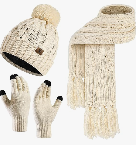 Womens Winter Warm Beanie Hat Touchscreen Gloves Lone Neck Scarf Set with Fleece Lined Pom Skull Cap Gift for Women 3PCS (Beige,