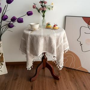 Gernaice Rustic Stripe Embroidered Tablecloth Heavy Small Square Tassel Cotton Linen Table Cloth Wrinkle Free Washable Table Cover for End Bedside Coffee Teapoy Table Tea Trolley Brown 36x36 Inch