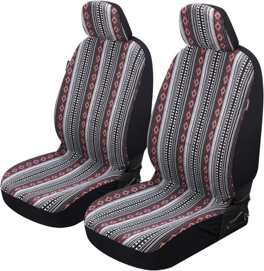 P&J Baja Blanket Car Seat Covers Classic Strips Designs Low Back Bucket Universal Size Fit for Most Cars SUVs Trucks Vans Woven Fabric Front Pair 2pcs Black and White Color (BK and WHITE)