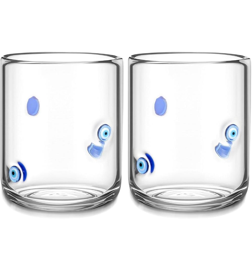 Skylety 2 Set Evil Eye Icon Juice Glass Cups - Icon Glass Cup 14 oz Double Old Fashioned Cute Pattern Glassware for Tea, Water, Milk, Coffee, Halloween Parties Gifts