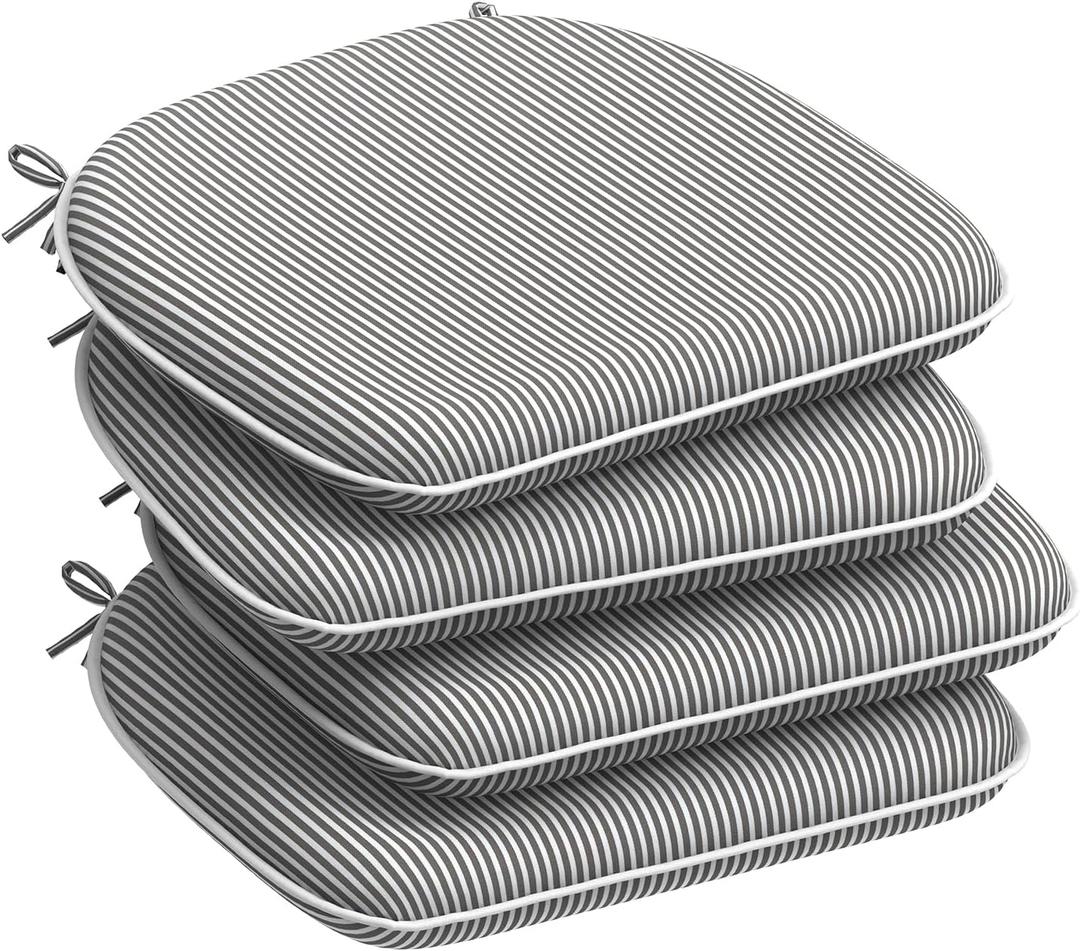 DYTXIII Set of 4 Outdoor Chair Cushions with Ties,Water Repellent Patio Chair Pads 17"x 16" for Outdoor Furniture,Round Corner Seat Cushions for Garden Yard Kitchen Stripe Gray