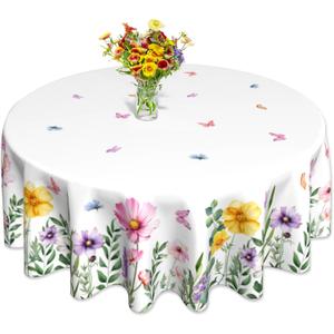 Summer Floral Tablecloth Round 60 Inch, Wildflowers Butterfly Table Cloth Washable Table Cover for Anniversary Wedding Party Picnic Kitchen Dinner Spring Decor