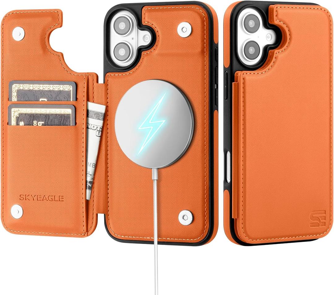 2 x SkyEagle Compatible with Magsafe for iPhone 16 Plus Wallet Case with Card Holder,Women Men Phone Case PU Leather Kickstand Flip Protective Shockproof Cover Credit Card Slots for Apple 16 Plus,Orange
