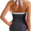 SUUKSESS Women Sexy Tummy Control One Piece Swimsuits Halter Slimming Retro Monokini Bathing Suits Color Block Swimwear(Black White Polka Dots,S)