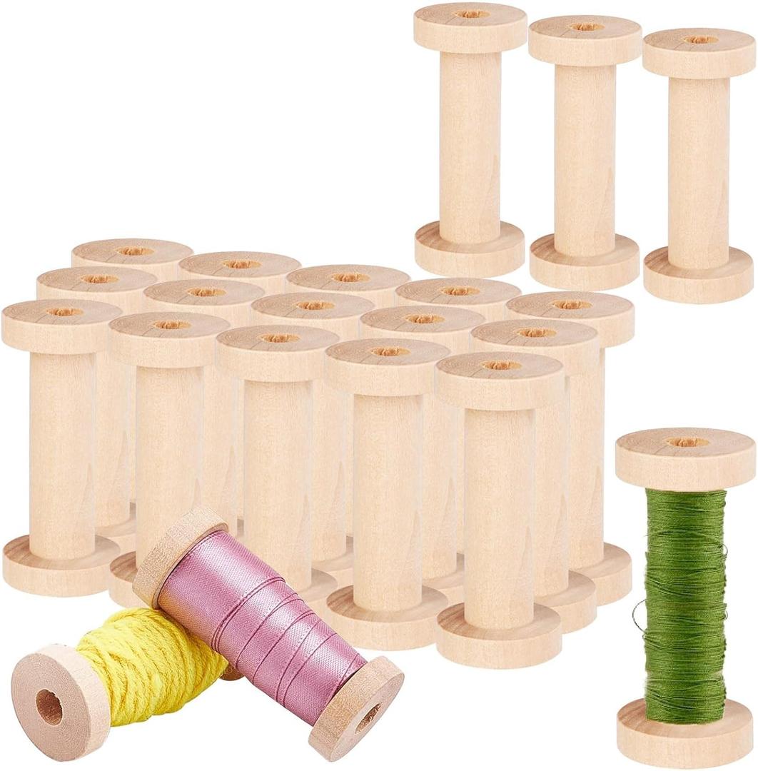 WOPPLXY 20 Pcs Wooden Thread Spools for Crafts, 1.2 x 2.7 Inch Unfinished Wooden Spool, Empty Thread Spools for Arts DIY Wood Projects, Wooden Craft Spools for Embroidery Thread, Pom Ribbon and Sewing
