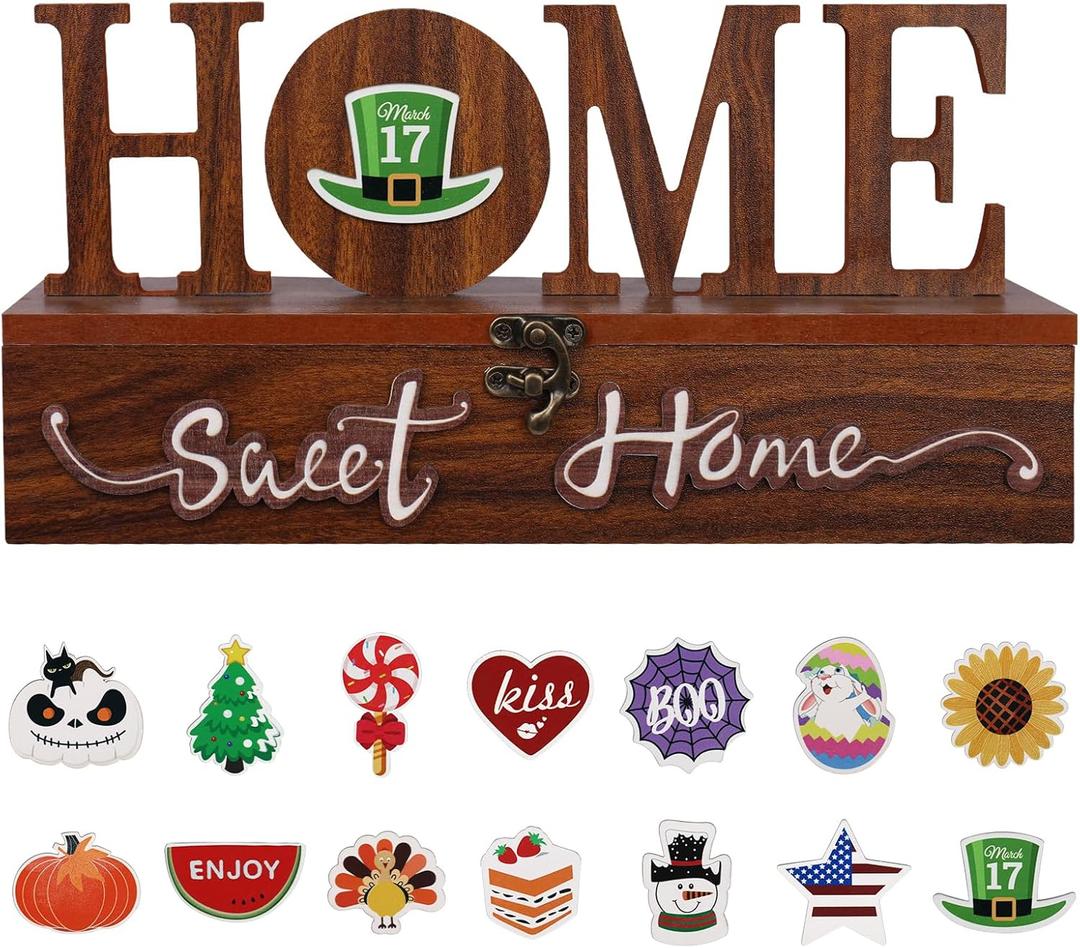JIALEIXI Interchangeable Home Sweet Home Sign, Wooden Seasonal Tabletop Plaque Decorations, for All Seasonal Desktop House Living Room Indoor Decor.