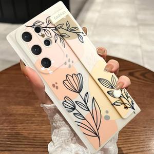 Compatible with Samsung Galaxy S23 Ultra Case with Wrist Strap Beige | Floral Flower Shockproof Soft TPU Protective Cover Women Girls, Anti Scratch Case for S23 Ultra 6.8 Inch, Beige
