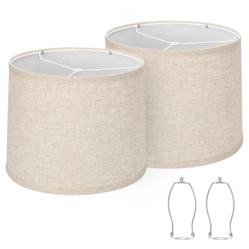 Lampshades Set of 2, Drum Lampshades 11.6" Top x 12.6" Bottom x 9.8" High, Seaside village Medium Lampshades (Spider Fitter), Beige Lampshades Natural Linen Hand Crafted, Easy Assembly Required