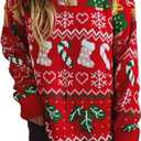 Women's Christmas Snowflake Pattern Knitted Sweater Long Sleeve Pullover Sweater Red, M