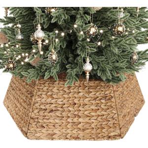 ELYKEN 34 Inch Christmas Tree Collar, Water Hyacinth Woven Xmas Tree Skirt for Artificial Trees, Base Cover with Cord Cut Out, Handcrafted Wicker Tree Ring for Holiday Dcor (Natural)