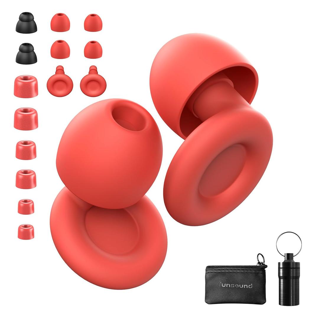 Ear Plugs for Sleeping Noise Reduction Reuseable, Concerts, Focus, Travel, Work, High Fidelity  7 Pairs Eartips  Flexible Soft  Touch  NRR of 24 and 27 dB Noise Cancelling (Red)