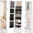 Rotatable Full Length Mirror Jewelry Cabinet Standing With Built-In Mirror - 63.7”H Lockable Jewelry Armoire With Mirror Drawers and 3 Storage Racks Christmas Gift for Wife White