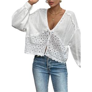 Verdusa Women's Boho Eyelet Button Down Blouse Long Lantern Sleeve Crop Tops (Large, White)