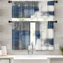 Blue Kitchen Window Curtains Valance and Tier Set, Grey White Contemporary Rod Pocket Short Tier Curtain, Abstract Art Small Cafe Drapes for Kitchen Decor 52" x 24"