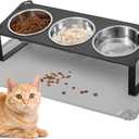 Elevated Cat Bowls with Food Mat, 10Tilted Non-Slip Raised Cat Food Water Bowls Set, 3 Thick Stainless Steel Pets Dishes with Cute Metal Feeding Stand for Indoor Kitten Puppy, Anti-Vomiting