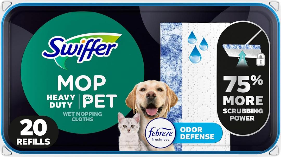 Swiffer Heavy Duty Mop Wet Multi-Surface Cloth Refills for Floor Mopping and Cleaning, Pet with Febreze Odor Defense, 20 count