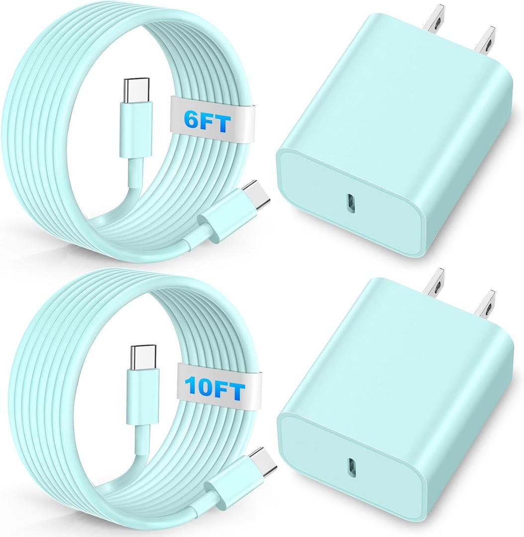 Compatible with Phone 16 15 17 Charger, 2Pack 20W Fast Charging Wall Charger Block Cubes with 6/10Ft USB C to USB C Cable Compatible with Phone 15 16 17 Plus/Pro Max/iPad Pro - Green