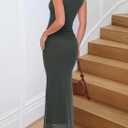 REORIA Summer Wedding Guest Maxi Dresses for Women | Sleeveless,Square Neck,Sheer Mesh,Ruched,Slim,Bodycon,Formal,Elegant Long Dress,Cocktail,Club Nightout,2026 Trendy Clothes (Green, M)