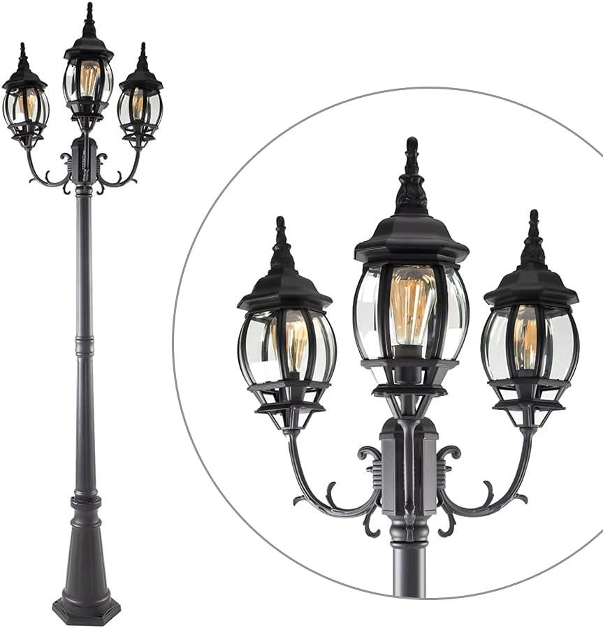 LUTEC LED Outdoor Post Light with Triple-Head, Hardwired Vintage Street Lights for Lawn Patio Yard Pathway Garden Black Light Pole with Clear Glass Panels - Black