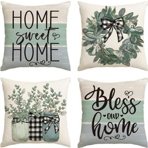 AVOIN colorlife Spring Sweet Home Eucalyptus Lamb Ear Wreath Throw Pillow Covers, 18 x 18 Inch Bless Our Home Buffalo Plaid Cushion Case for Sofa Couch Set of 4 (18" x 18" (Pack of 4), Blue)