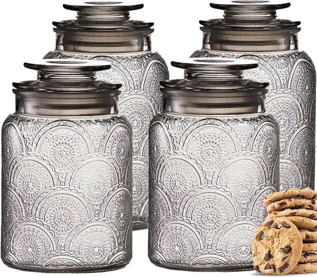 4pc Vintage Glass Canister Set with Airtight Lids - For Kitchen Food Storage and Organization