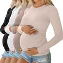 Ficerd 4 Pack Women's Maternity Shirts Cotton Long Sleeve Ribbed Crew Neck Pregnancy Tops Side Ruched Casual Mama Clothes (X-Large, Black, White, Light Coffee, Apricot)