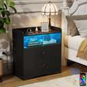 Nightstand with Charging Station and LED Light,Modern Nightstand with USB Ports and Outlets,Wooden Bedside Tables with 2 Storage Drawers,Small Dresser for Bedroom Small Space,Black