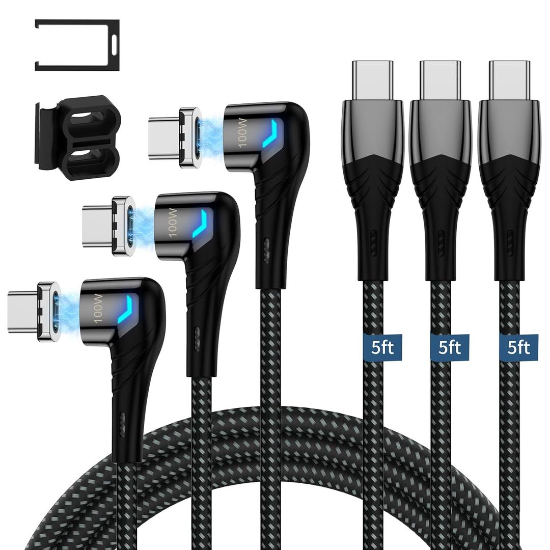 ZBF 100W USB C Magnetic Charging Cable, Right Angle Magnetic Phone Charger Cable(3 Pack, 5/5/5FT) 5A Fast Charging for Mac-Book Pro/Air, Pad Pro,Phone 17 16,14,13 Pro Max,Mac-Book Pro Pad Galaxy S22