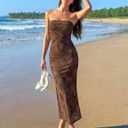 MEROKEETY Women's 2026 Summer Wedding Guest Dresses Formal Strapless Bodycon Floral Tube Mesh Cocktail Party Maxi Dress (Brown, M)