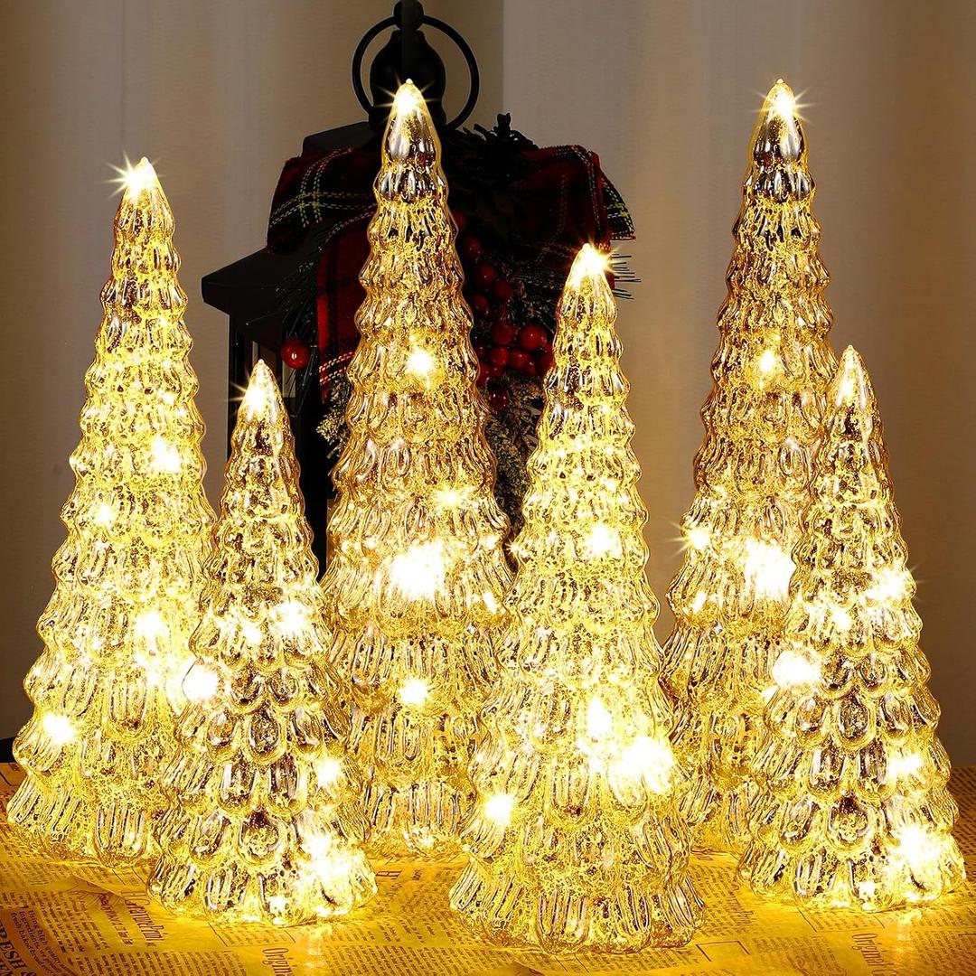 Riakrum 6 Pack Glass Christmas Tree Glass Tabletop Light up Christmas Tree for Xmas Living Room Home Decor Fireplace Mantel Tabletop Party Decor (Silver,Vivid)