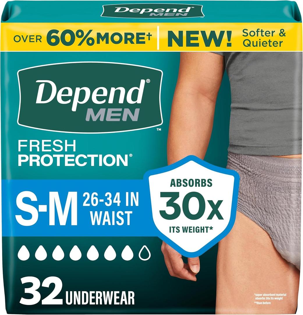Depend Fresh Protection Adult Diapers, Incontinence Underwear for Men, Disposable, Maximum, Small/Medium, Grey, 32 Count