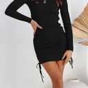 OWIN Women's Long Sleeve Ribbed Knit Casual Bodycon Mini Dress Ruched Drawstring Fall Pullover Sweater Dresses (S)
