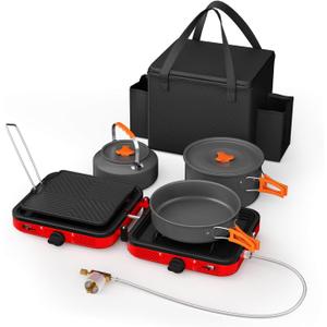 Hisencn Camping Stove, 2 Burner Propane Stove, 20000 BTU/ h Camping Cooking set Includes Frying Pan, Kettle and Pot, Adjustable Burners & Piezo Ignition, Portable stove for camping Outdoor, Red