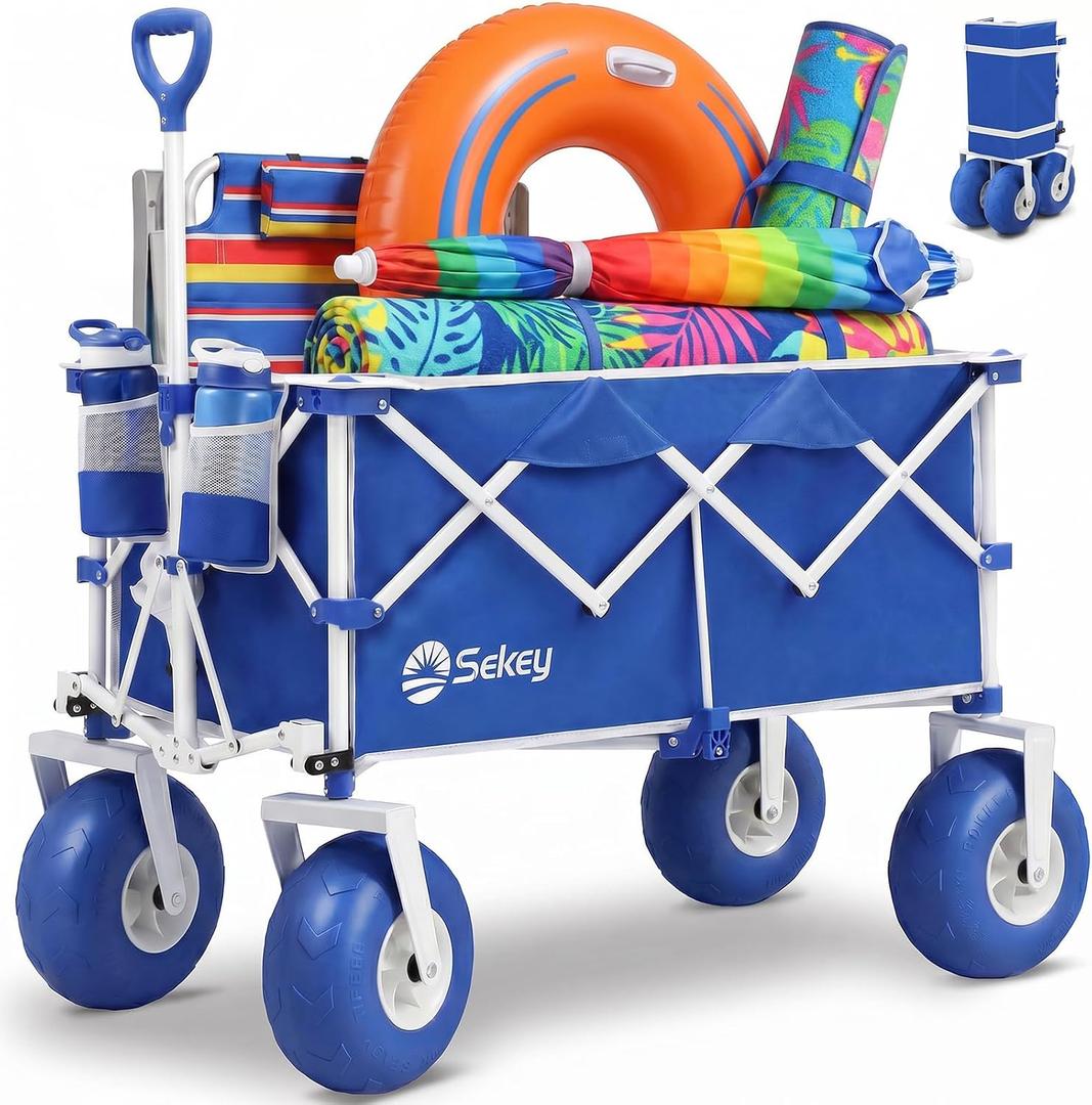Sekey Heavy Duty Beach Wagon with 9" Big Sand-Proof Wheels 600lb Capacity, 200L Oversized Foldable Cart | Adjustable Handle & All-Terrain Tires for Sand, Camping