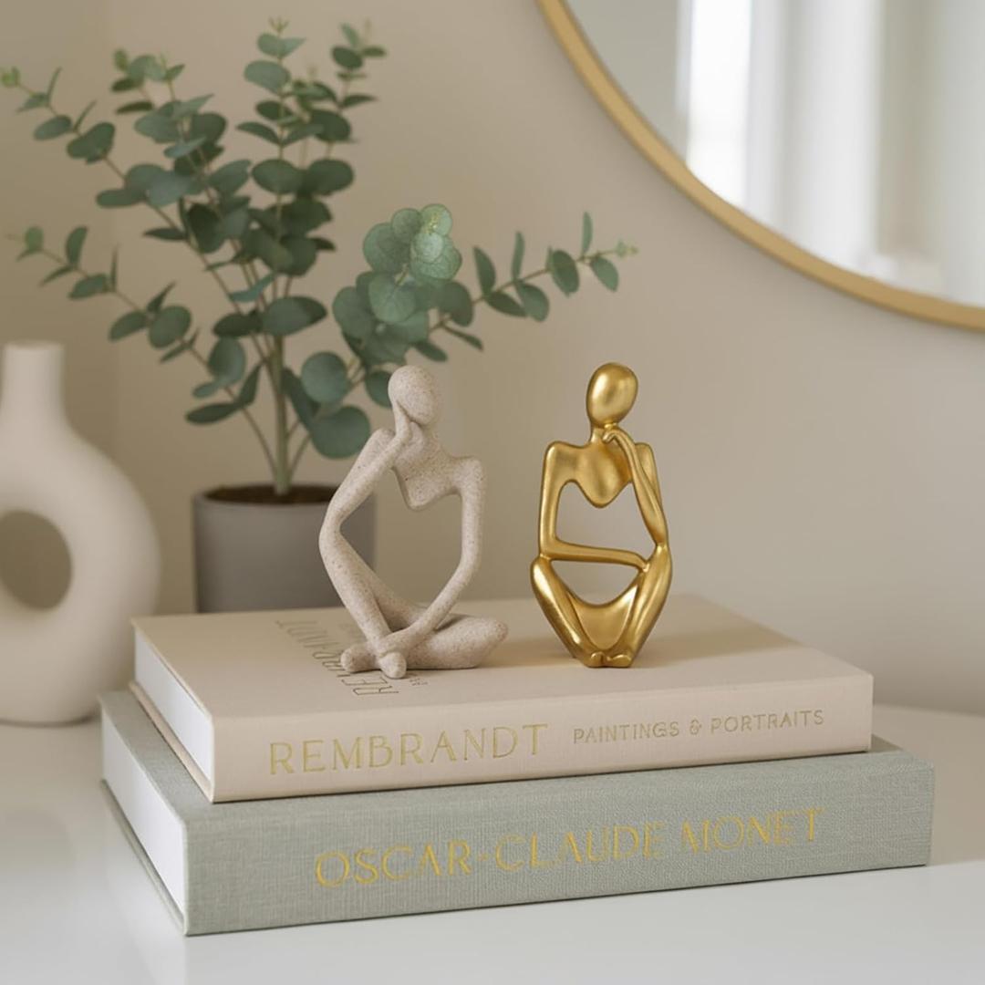 4 Pcs Decorative Books & Thinker StatueSet - Linen Boxes & Resin Sculptures Enhance Your Coffee Table, Bookshelf or Mantle Decor - Living or Entryway Home Decoration Aesthetic, Photo/Keepsake Storage