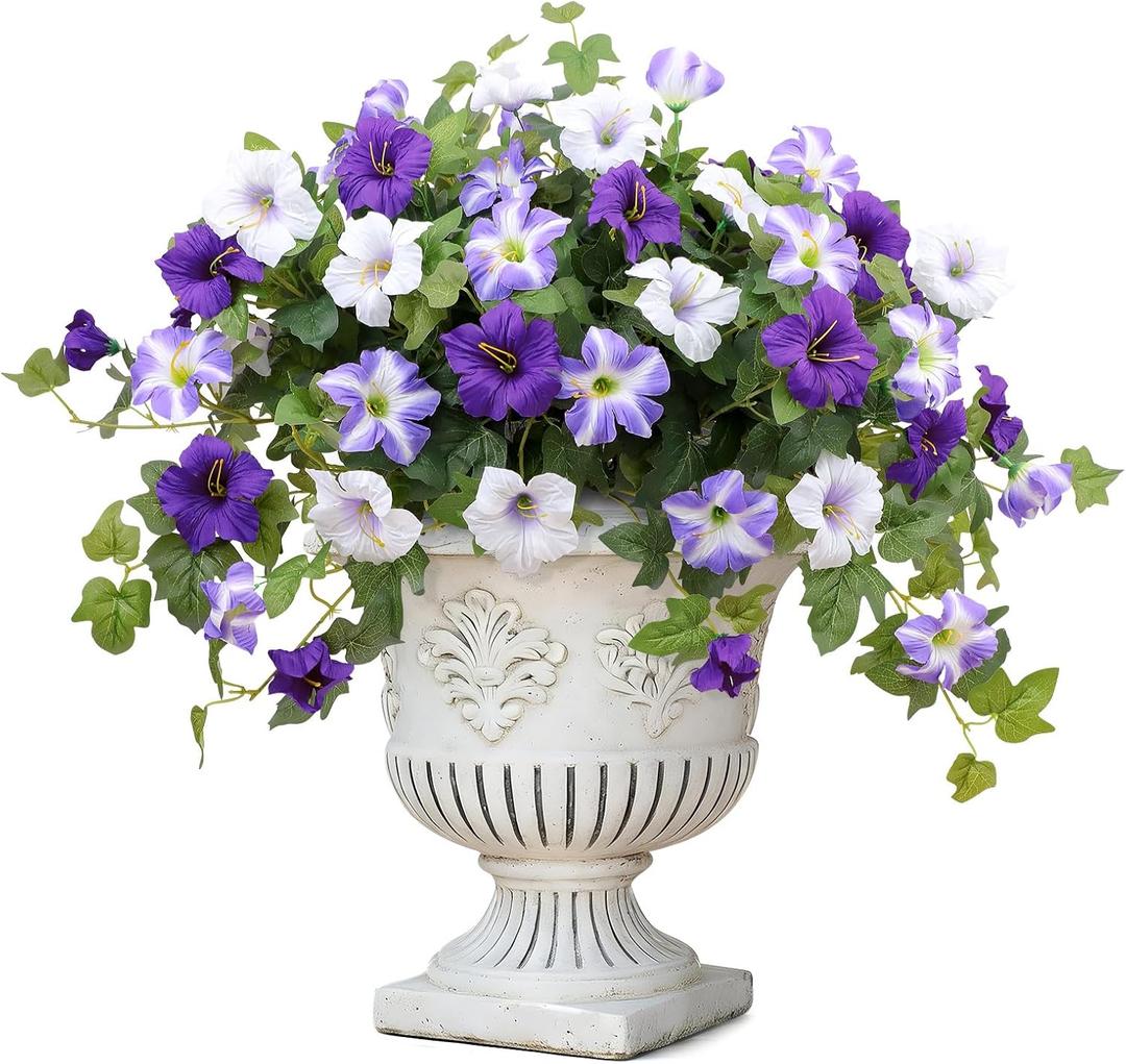 Artificial Flowers for Outdoors,2 PCS Purple Faux Morning Glory UV Resistant Silk Flowers for Outdoor Planters Garden Balcony Porch Decor Realistic Fake Flowers for Spring Decoration