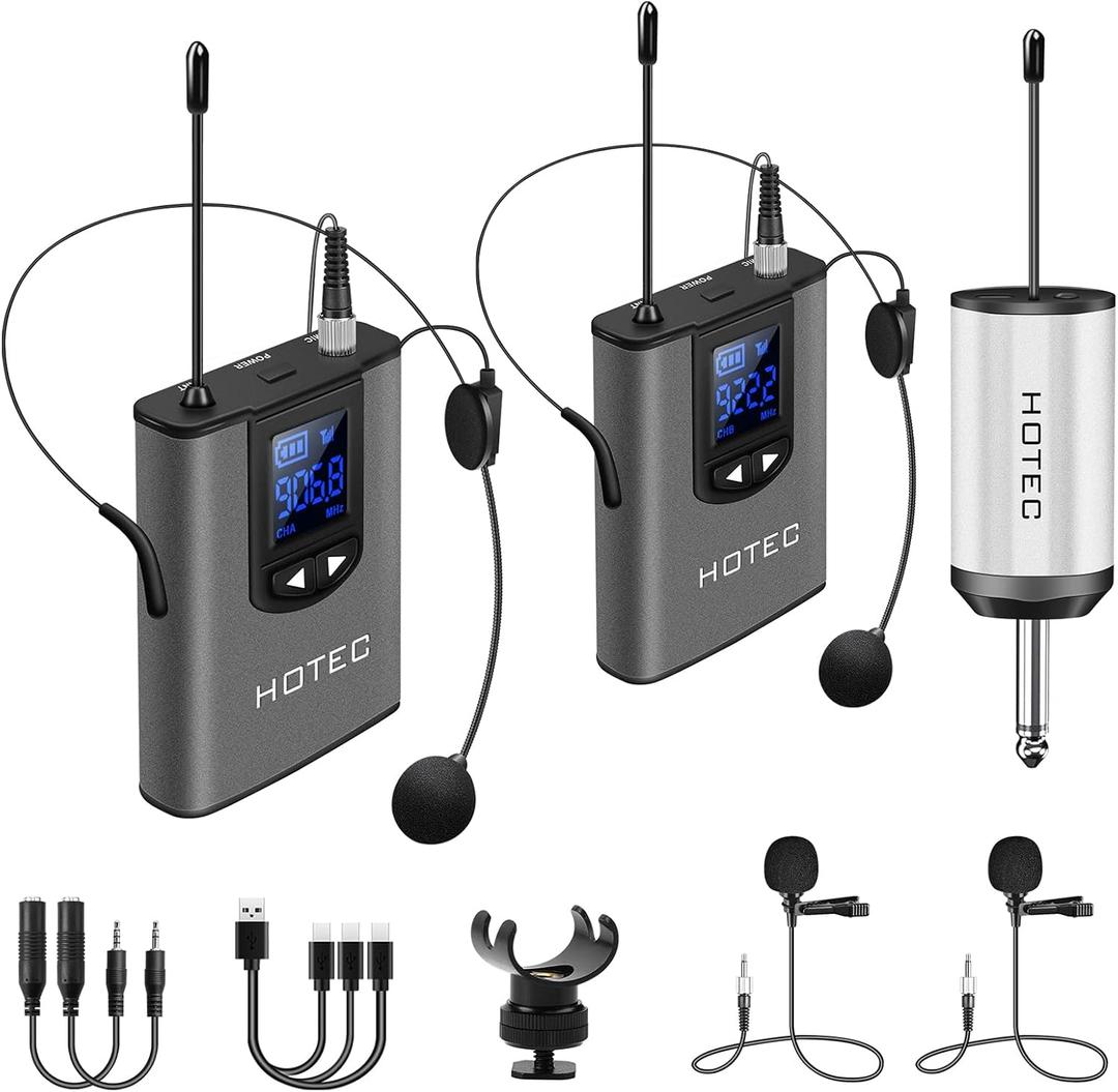 Hotec Wireless System with Dual Headset Microphones/Lavalier Lapel Mics and Bodypack Transmitters and One Mini Rechargeable Receiver 1/4" Output, for Live Performances (silver)
