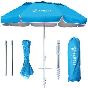 AMMSUN 6ft Folded Portable Travel Beach Umbrella with Sand Anchor Tilt Air vent UPF 50+UV Protection Fit In Suitcase Compact Foldable Telescopic umbrellas for Patio Garden Beach Pool Sky Blue