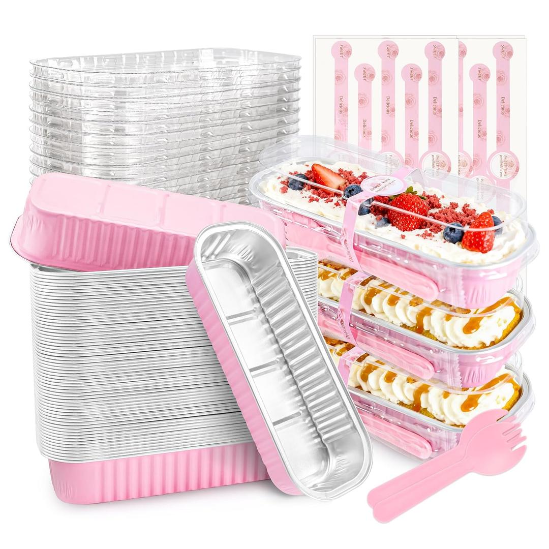 NPLUX 50 PACK Mini Cake Pans with Lids and Spoons,Rectangular Aluminum Foil Bread Pan,Mini Loaf Pans and Food Containers with Lids Mothers Day Gifts Party Favors(Pink,6.8oz)