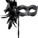 2025 New Masquerade Mask for Women with Stick - Shiny Women's Feather Mardi Gras Venetian Mask for Costume Accessory