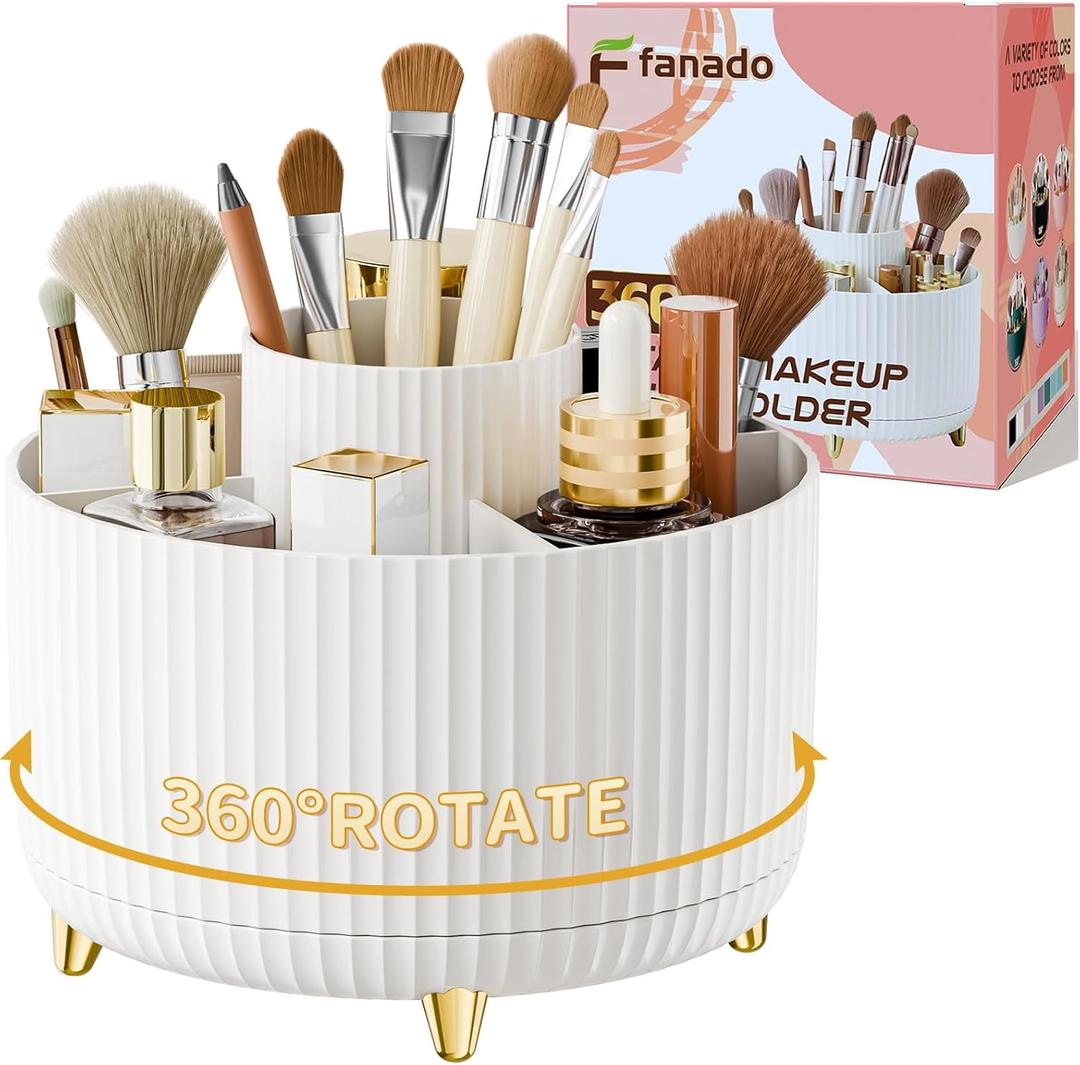 fanado 360 Rotate Makeup Brush Holder Organizer, Makeup Organizers Countertop, Makeup organization and Skincare Storage for Vanity, Desktop, Bathroom (White)