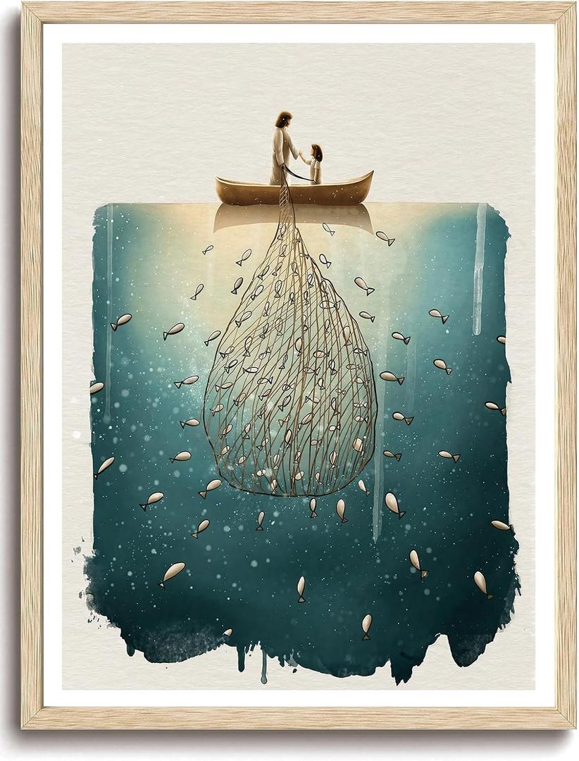 KISSFOX Jesus Fishing with Child OAK Wood Framed Wall Art Modern Christian Canvas Art Prints Inspirational Bible Pictures Wall Decor Sketch Faith Art Paintings Posters For Bedroom Living Room, 16"x20" Wood