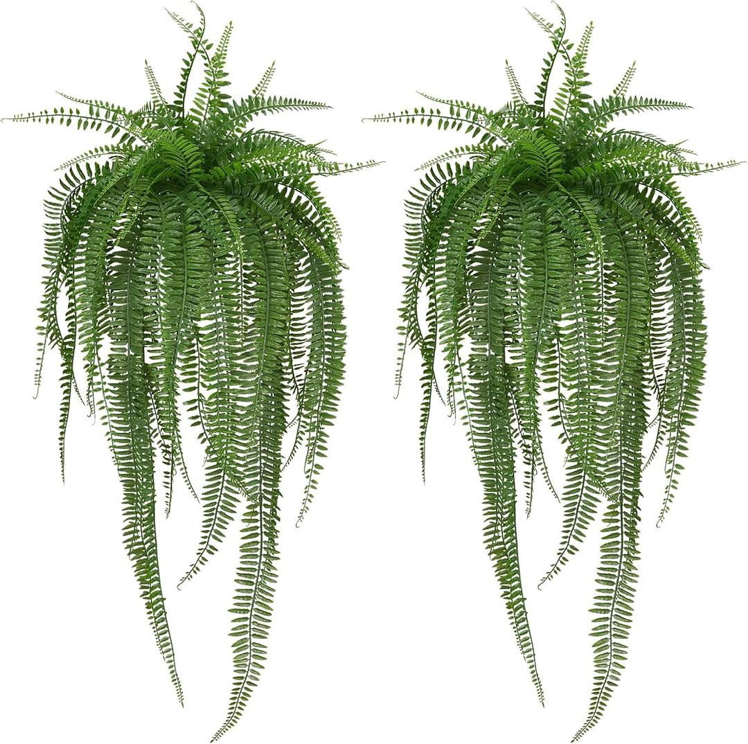 Artificial Boston Fern Bush with Ground Spike, Artificial Fake Plants Outdoor, UV Resistant Faux Fern Outdoor Plants for Indoor, Front Porch, Garden, Set of 2