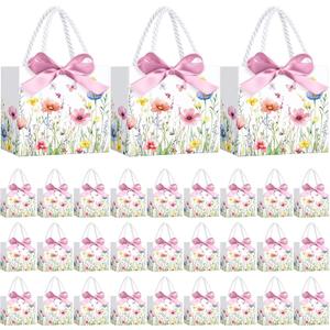 Moinchore 30 Pcs Wildflower Paper Gift Bags Bulk 5.5 x 4.7 x 2.5 in Mini Floral Favor Bags with Handles Bow Ribbon Wrap for Spring Summer Birthday Wedding Home Bridal Shower Garden Supplies