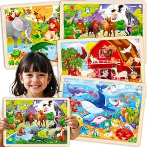 QUOKKA 4SET Puzzles for Kids Ages 4-6 - 24 Pcs Wooden Toddler Puzzles Ages 3-5 - Africa Ocean Animals Farm Learning Games for Boys and Girls 4-8 Year Olds