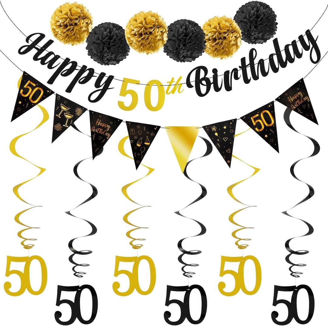 TOBATOBA 50th Birthday Decorations Kit for Men Women, Black Gold Happy 50th Birthday Banner, Triangle Flag Banner 50th Birthday Party Decorations, 50 Year Old Birthday Party Supplies