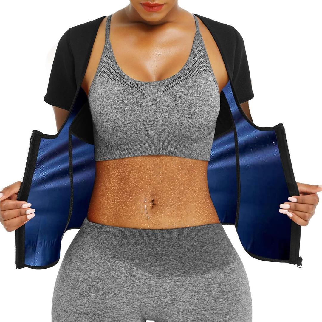 Sauna Suit Shirt For Women Weight Loss Waist Trainer Sweat Vest Workout Fajas (X-Large, Blue)