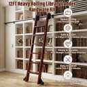 12FT Sliding Library Ladder Hardware Kit, Upgraded Rolling Hardware | Heavy Carbon Steel, 350lb Capacity, Telescopic Roller, PU Floor Roller with Brake, Matte Black (No Ladder)