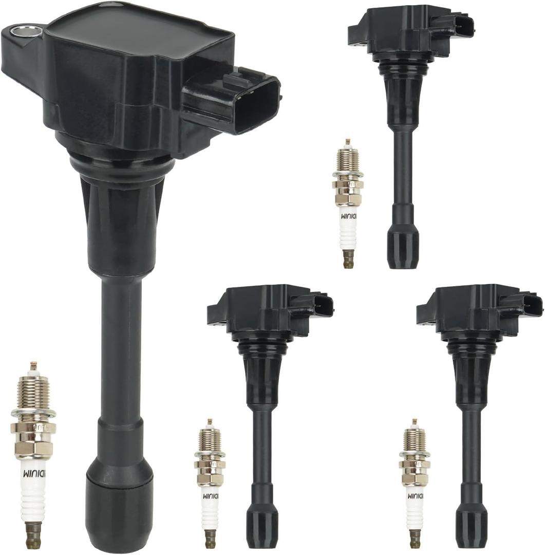 Ignition Coil Pack & Iridium Spark Plugs Fit for 2007-2016 Nissan Altima, for Nissan Versa Sentra Rogue Cube Rogue Select NV200 1.6L 1.8L 2.0L 2.5L L4, Replaces for UF549 C1696 C751, 4 Sets, Black