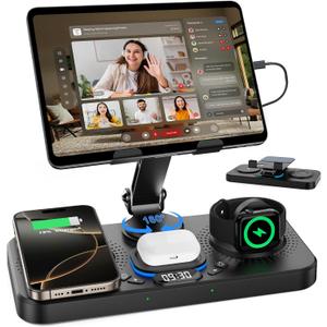 30W Charging Station for Apple Products, Foldable Wireless Charger with Clock Display&7 Color Light, Wired Charging for iPad/Tablet Charging Station for iPhone17, for Apple Watch11 for AirPods4(Black